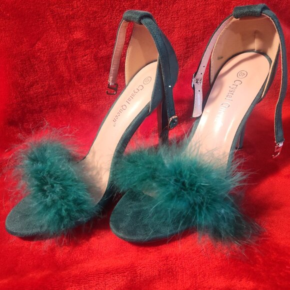 Crystal Queen Kelly Green Suede Open Toe Feather Ankle Strap Heels Size 40 - Picture 2 of 9
